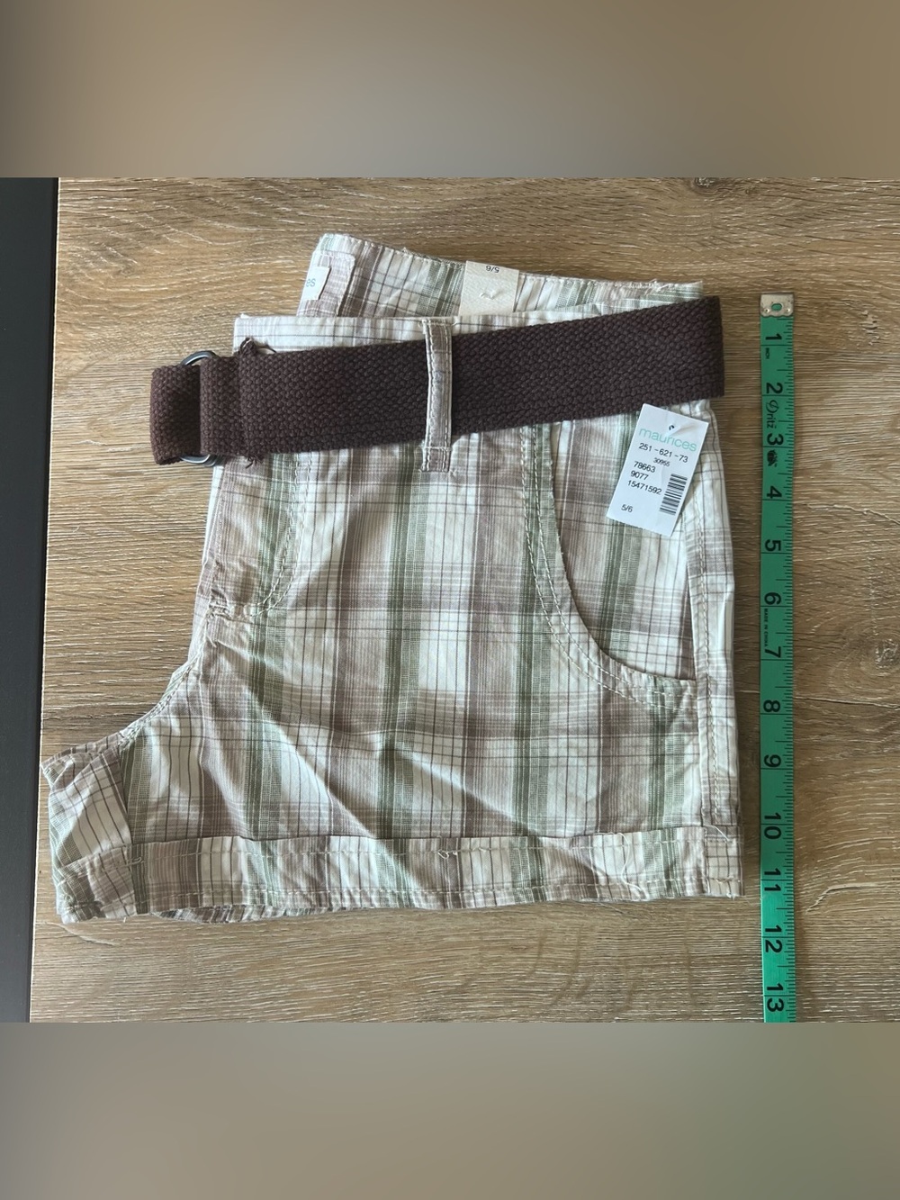 Maurices Beige & Olive Plaid Shorts with Brown Belt